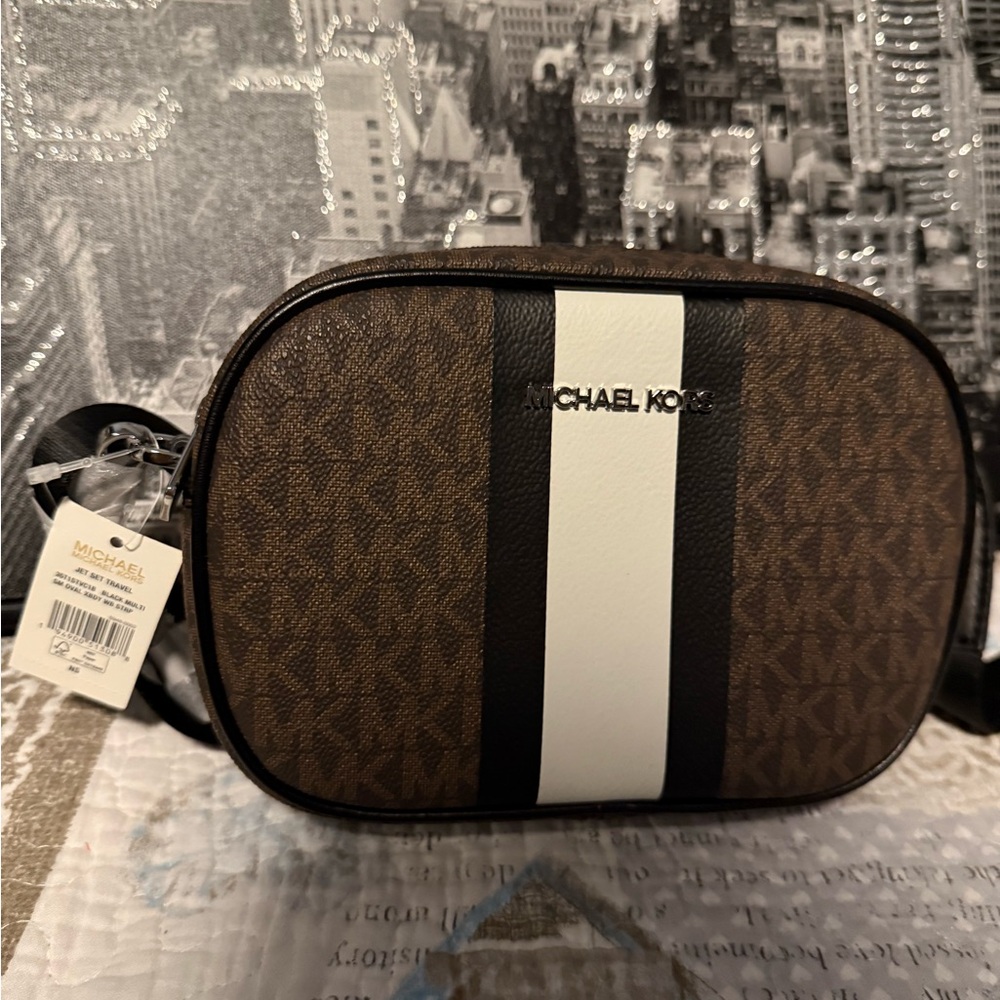 Michael Kors Brown and Black jet set travel small oval camera crossbody bag NWT!